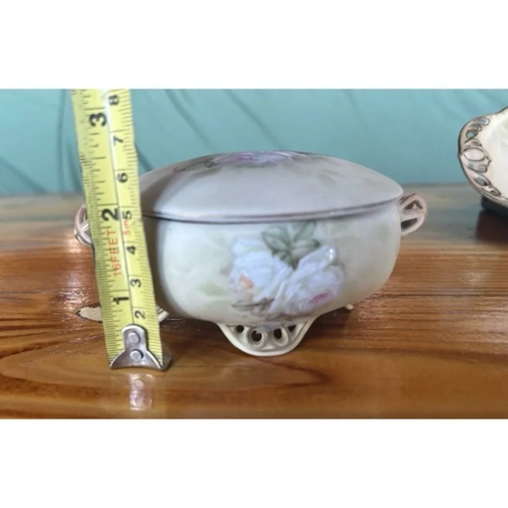 2-PC‎ Antique Bayreuth Bavaria Ivory Vanity Basket & Trinket Dish Artist Signed